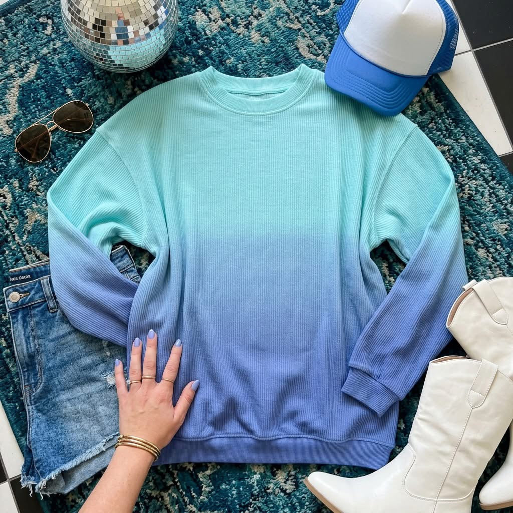 Teal Ombré Corded Crew PRESALE