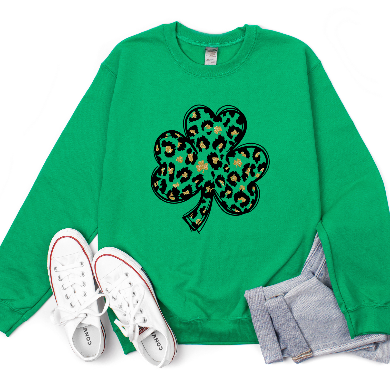 Leopard Faux Gold Glitter Shamrock Tee OR Sweatshirt