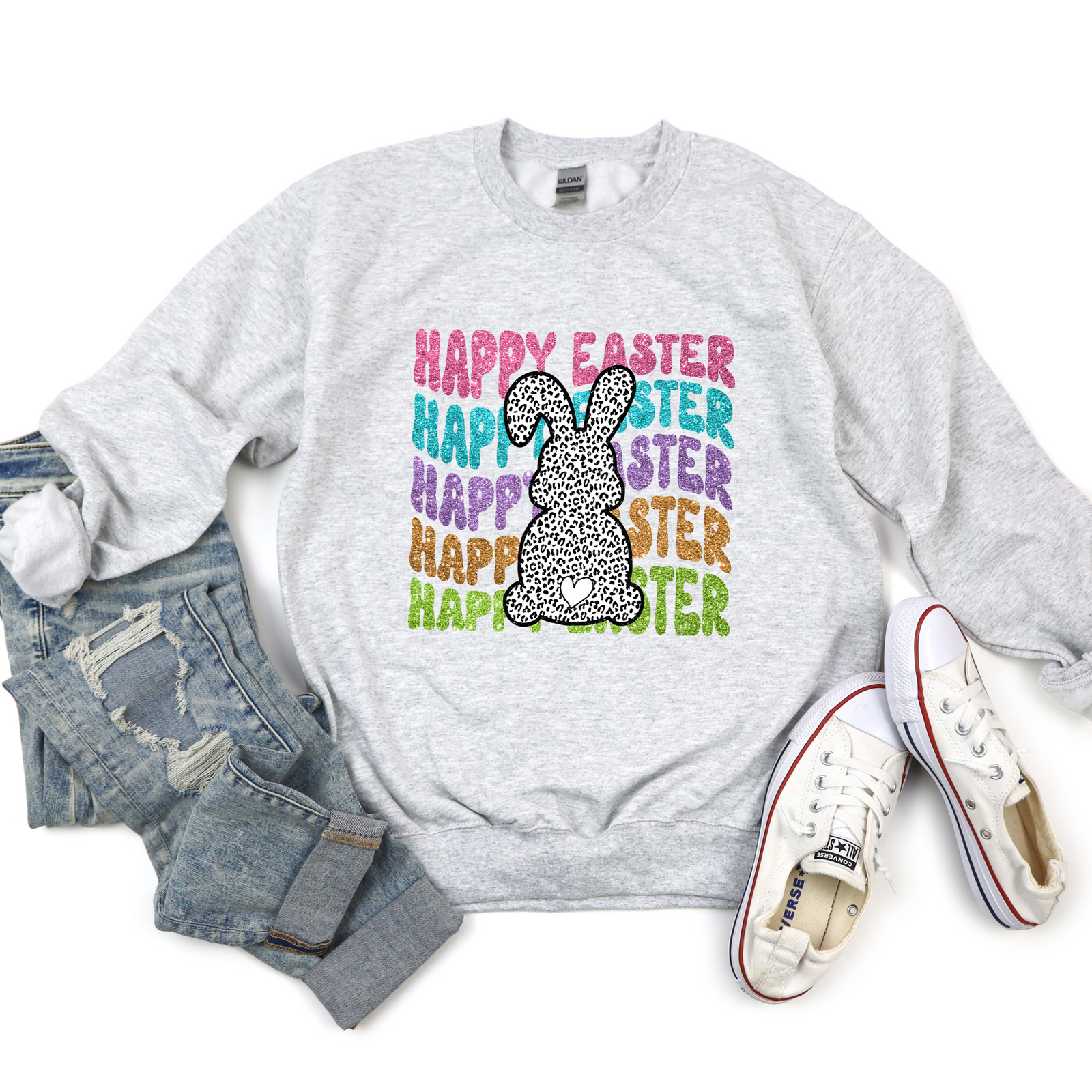Happy Easter Faux Glitter Bunny Tee OR Sweatshirt