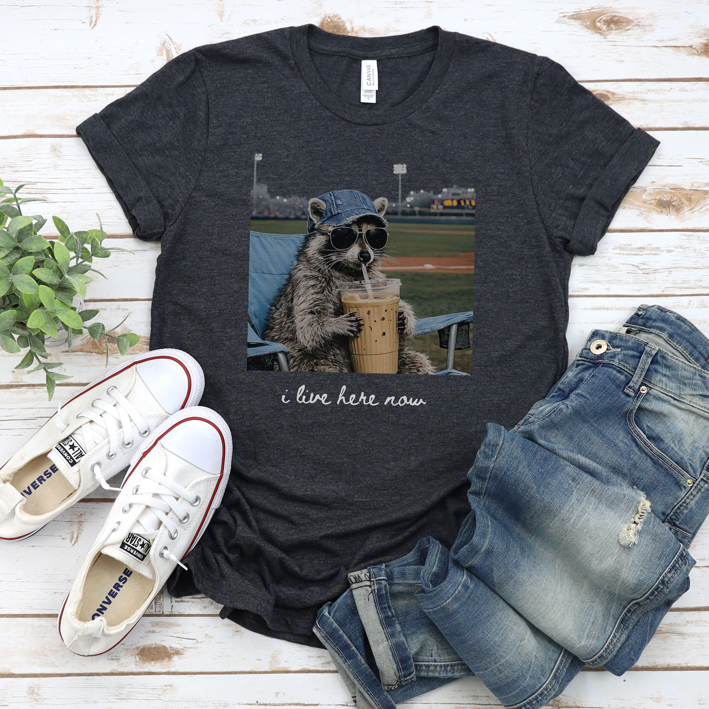 I Live Here Now Baseball Racoon Tee or Sweatshirt