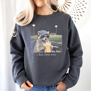 I Live Here Now Soccer Racoon Tee or Sweatshirt