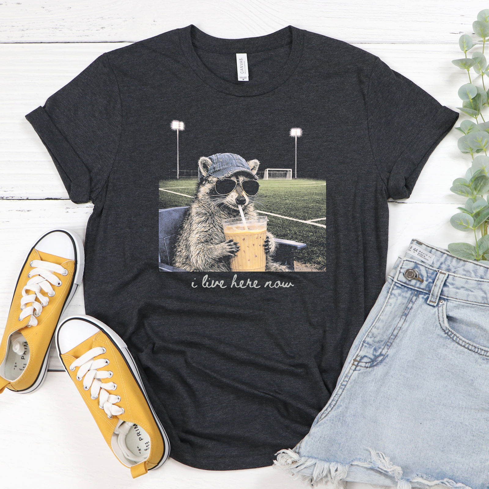 I Live Here Now Soccer Racoon Tee or Sweatshirt