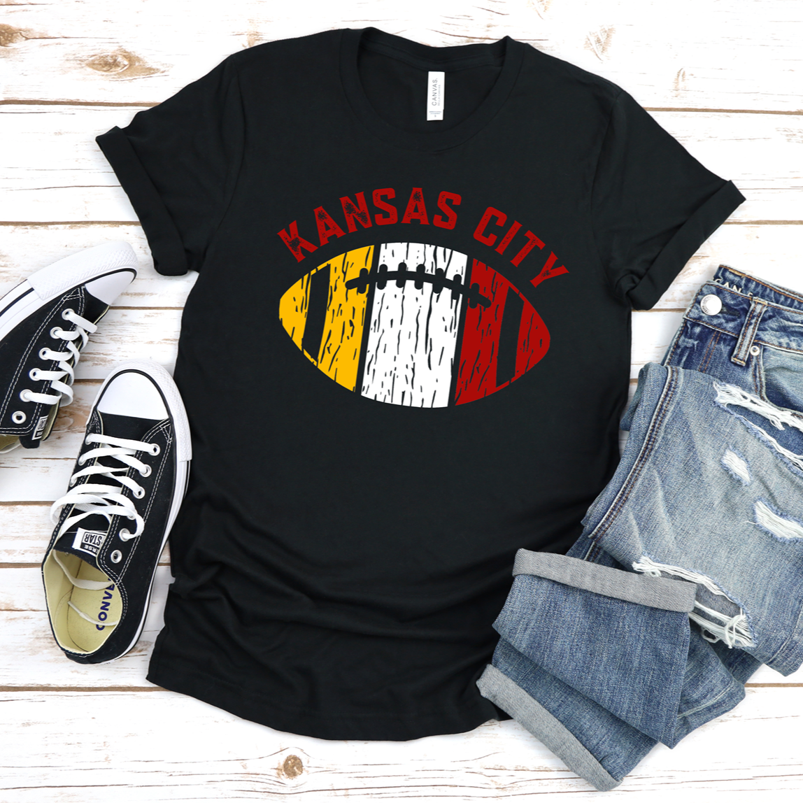 Kansas City Distressed Tri Football Tee or Sweatshirt