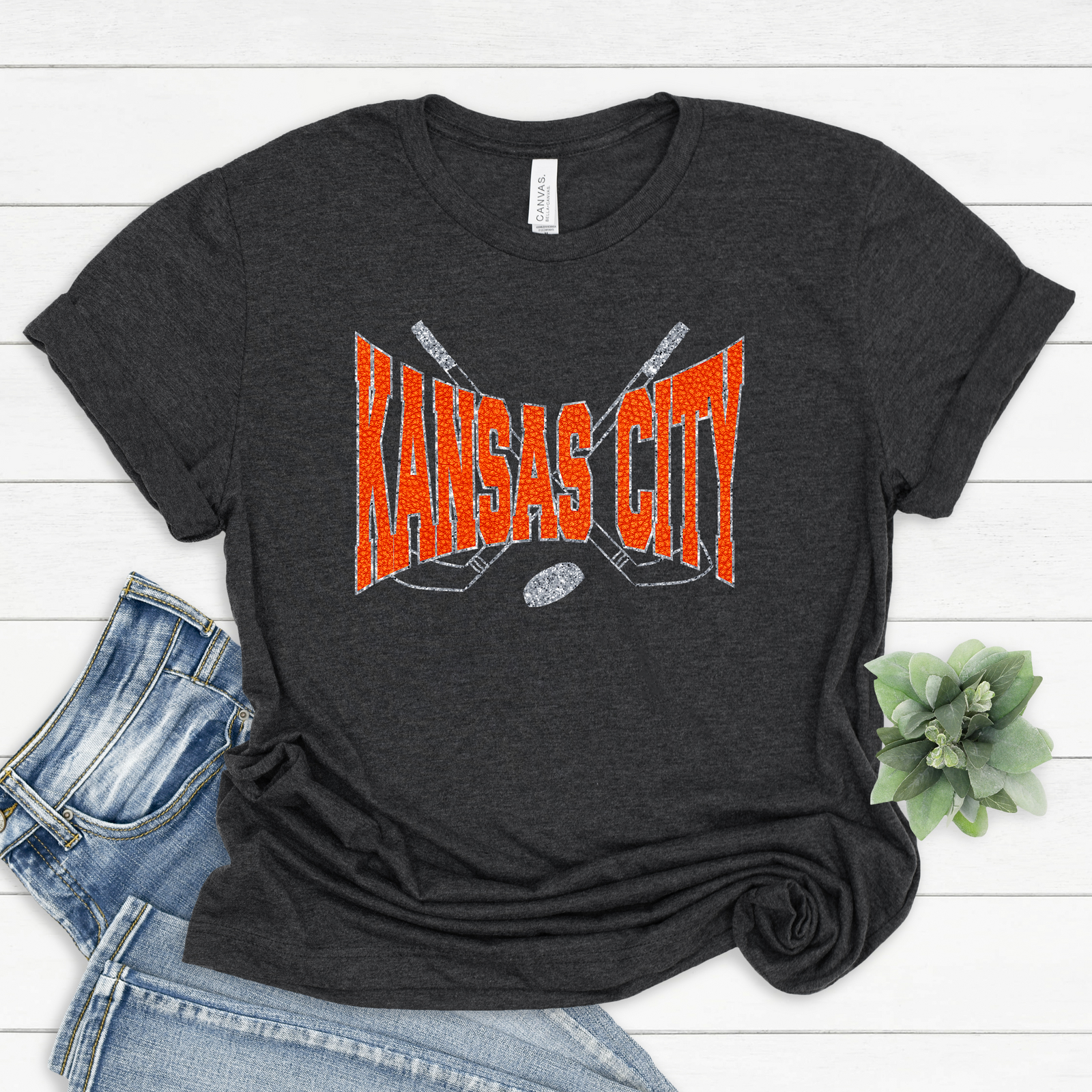 Kansas City Hockey Orange Glitter Tee or Sweatshirt