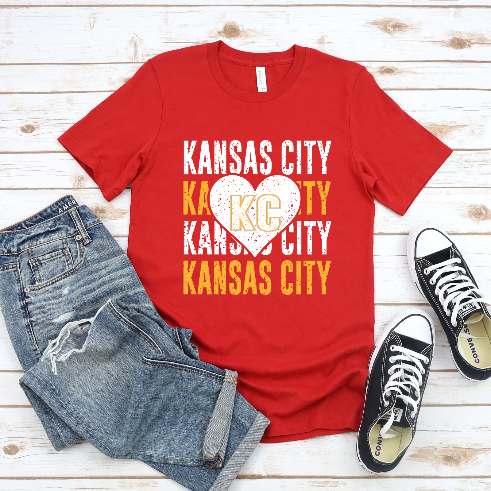 Kansas City Repeat Heart Grunge Tee OR Sweatshirt