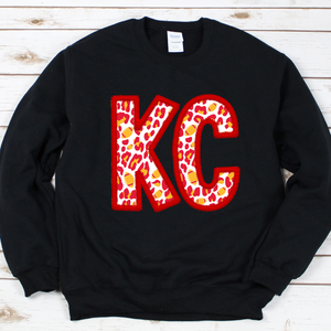 KC Leopard Football Faux Embroidery Tee OR Sweatshirt