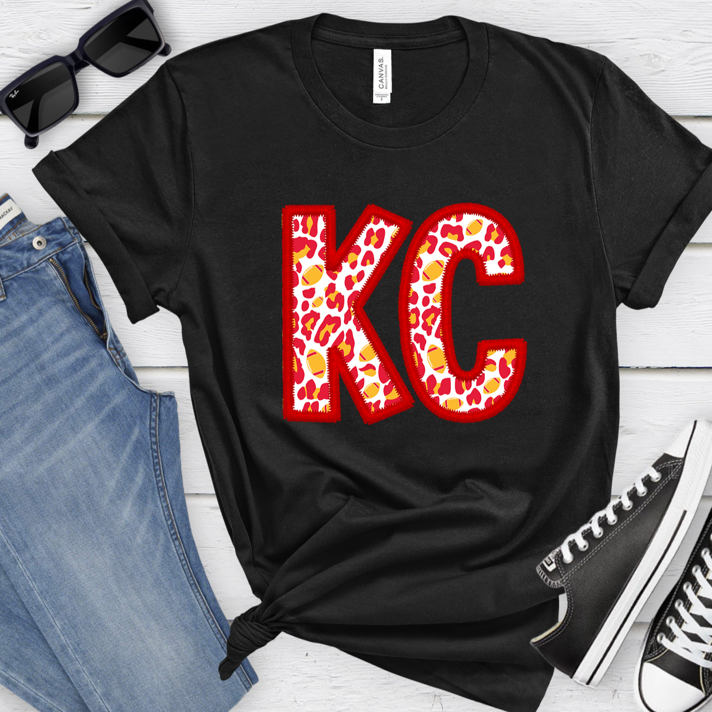 KC Leopard Football Faux Embroidery Tee OR Sweatshirt