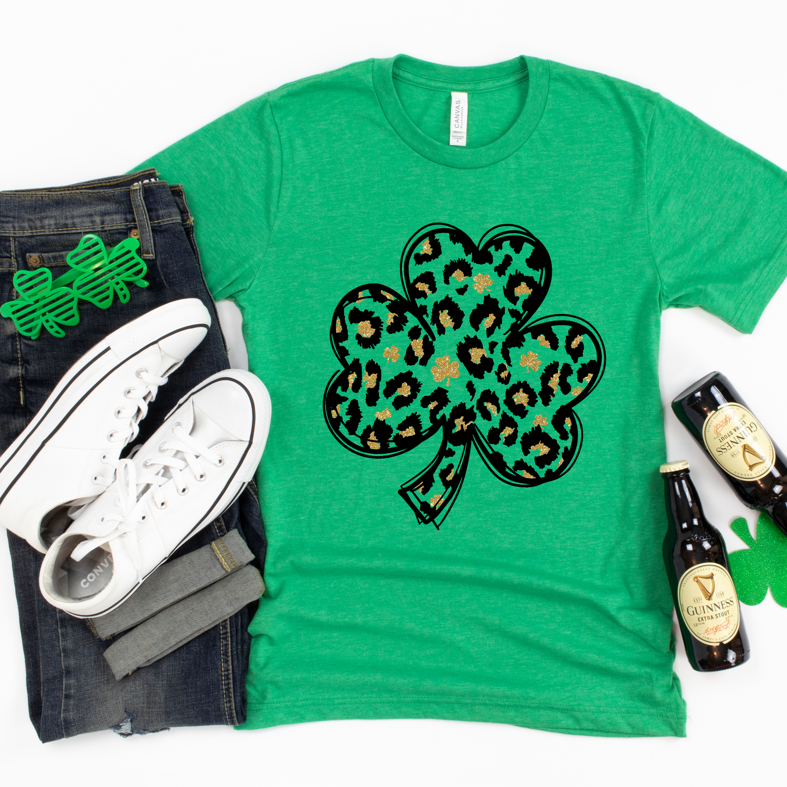 Leopard Faux Gold Glitter Shamrock Tee OR Sweatshirt