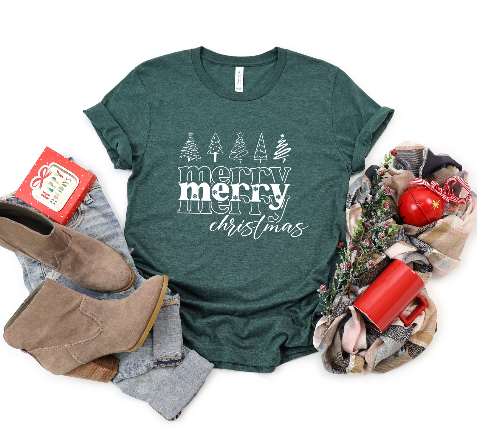 Merry Merry Christmas Doodle Trees Tee or Sweatshirt