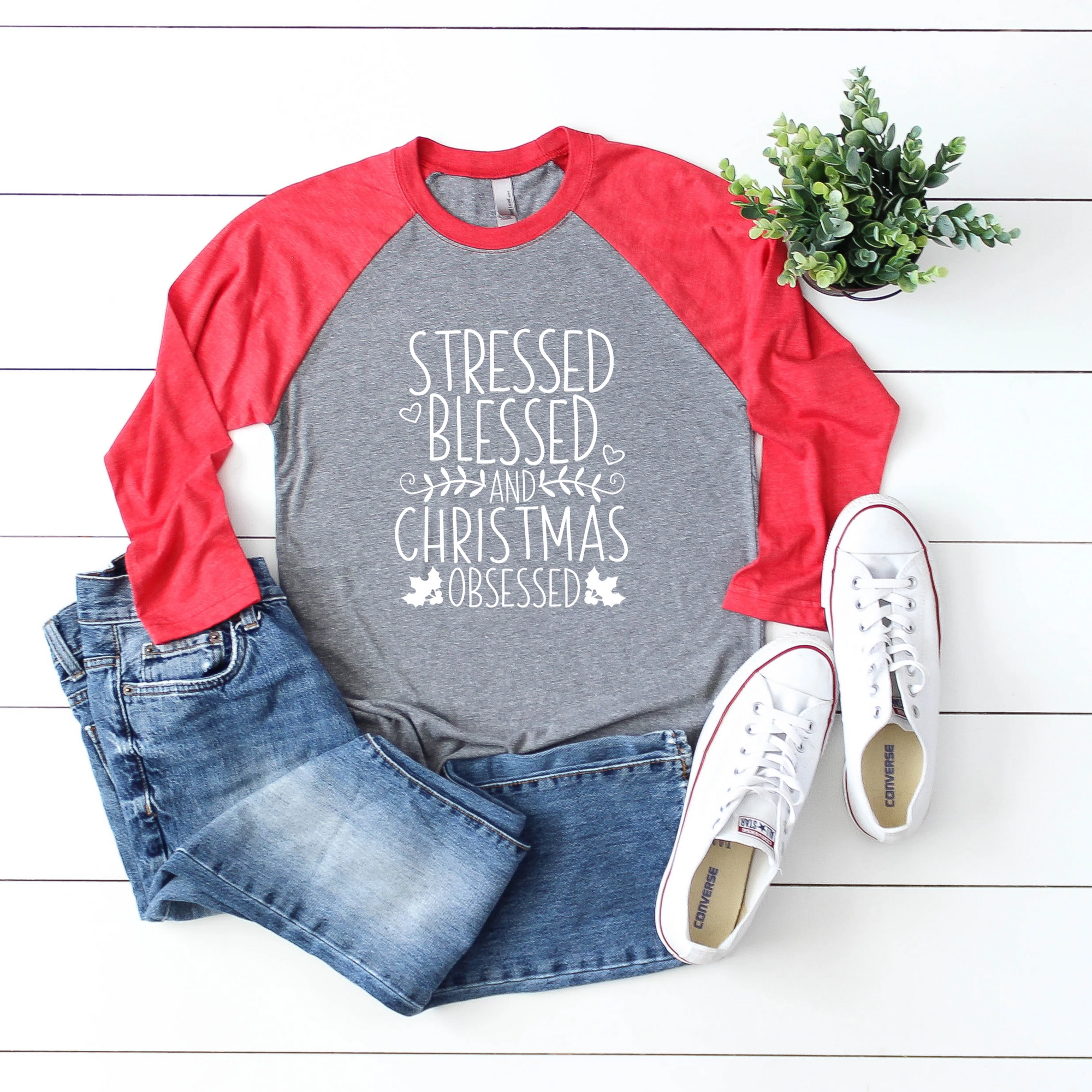 Stressed Blessed Christmas Obsessed Raglan Tee
