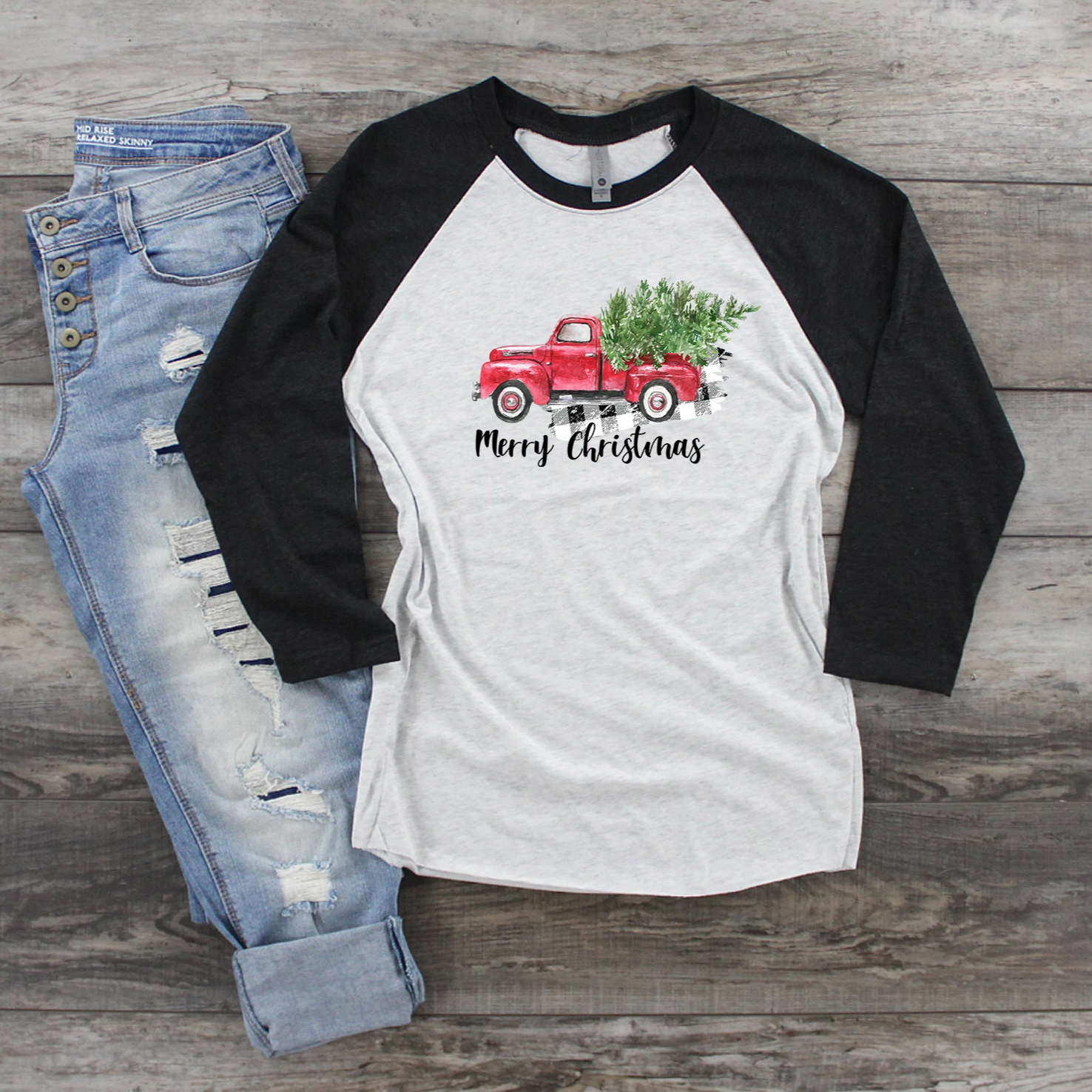 Merry Christmas Vintage Truck Raglan Tee