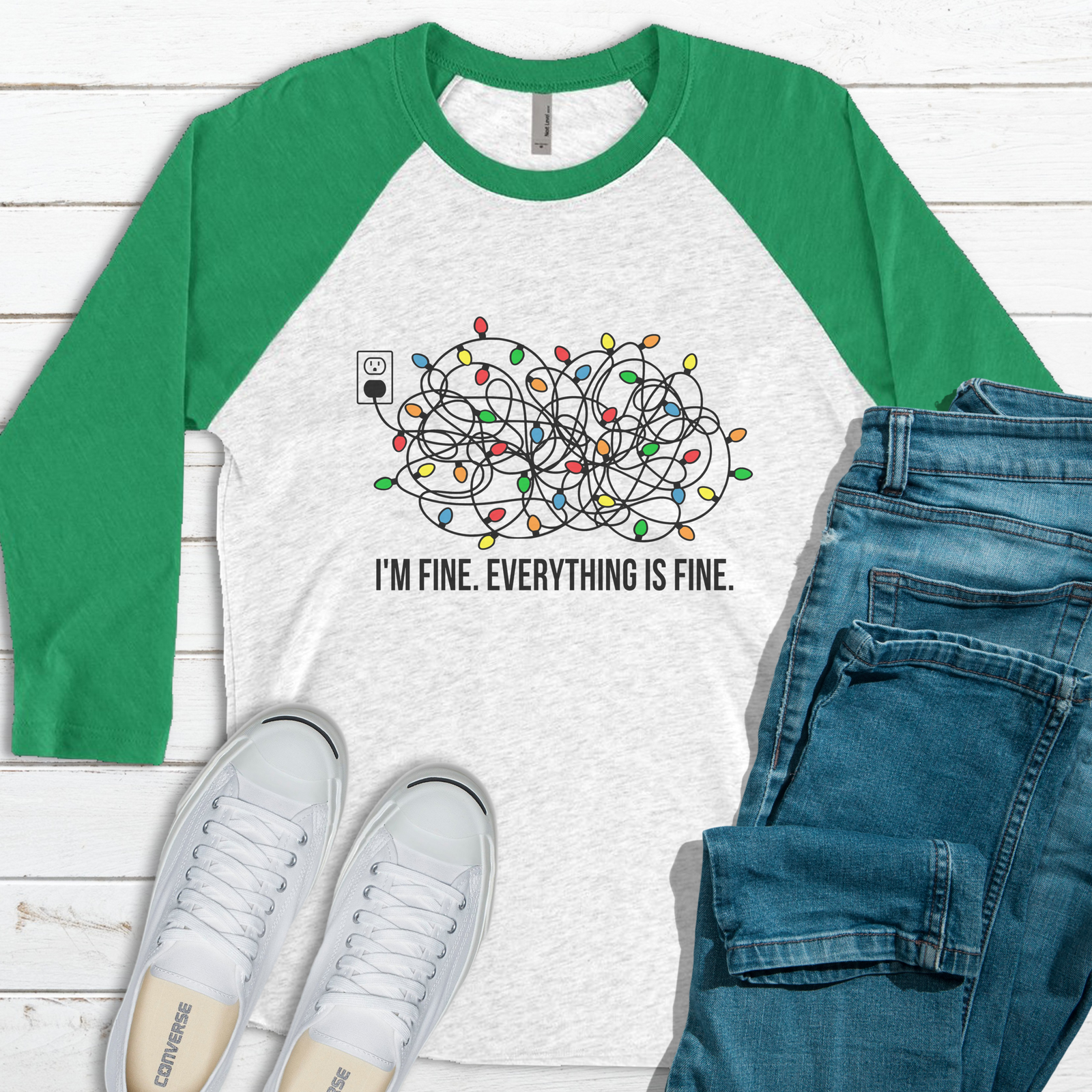 I'm Fine Tangled Christmas Lights Raglan Tee