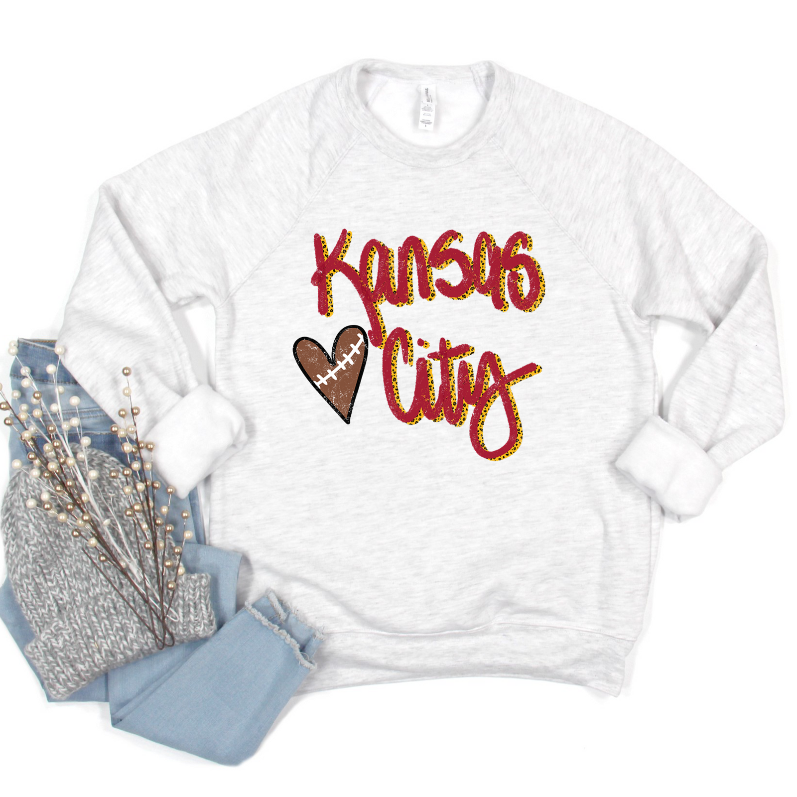 Kansas City Layered Heart Football Tee or Sweatshirt