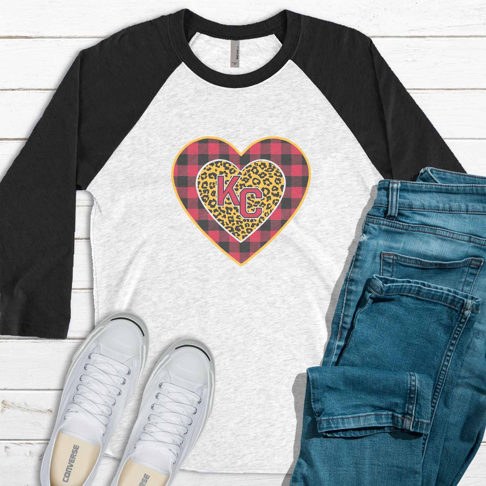 KC Plaid Leopard Heart Raglan Tee