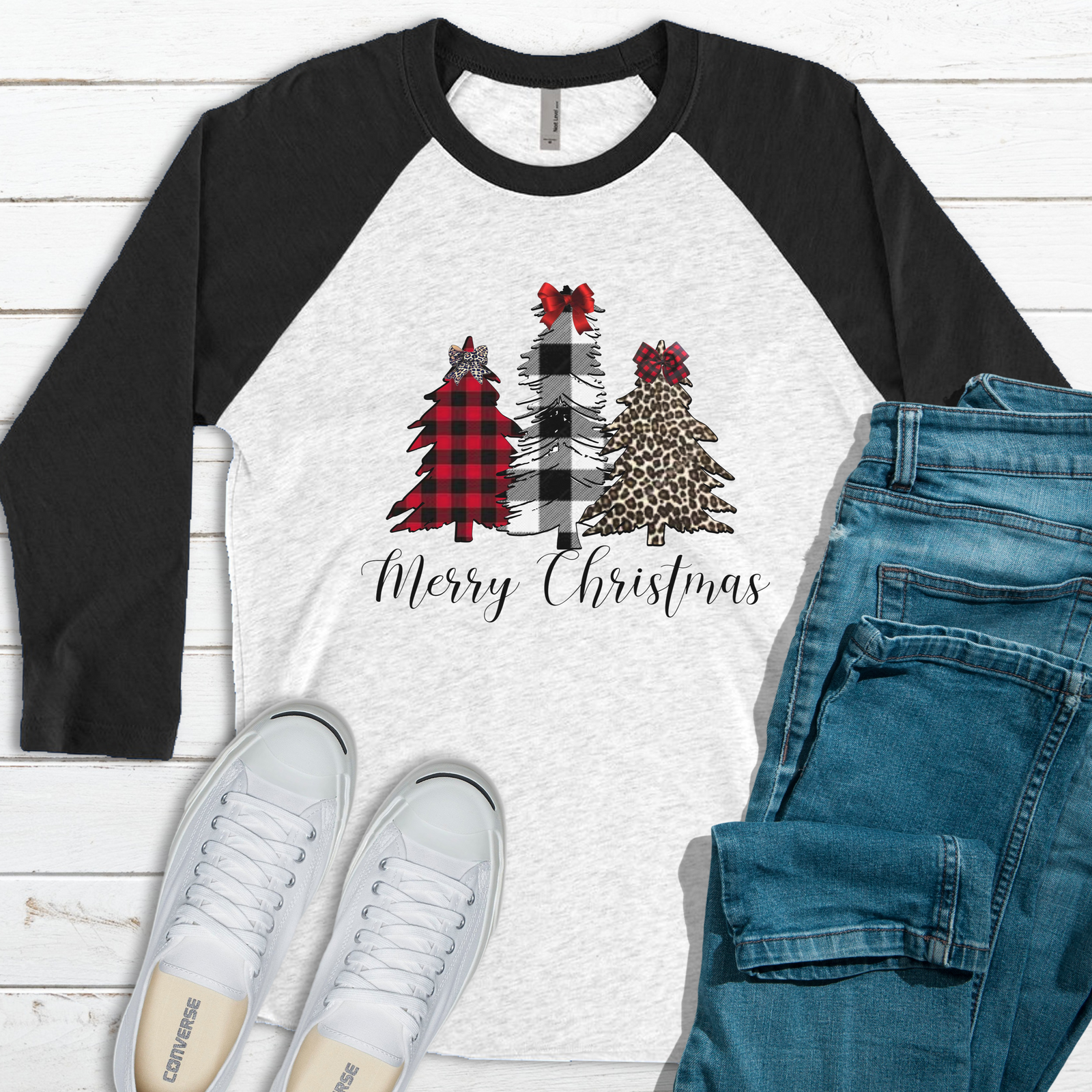 Merry Christmas Plaid Leopard Raglan Tee