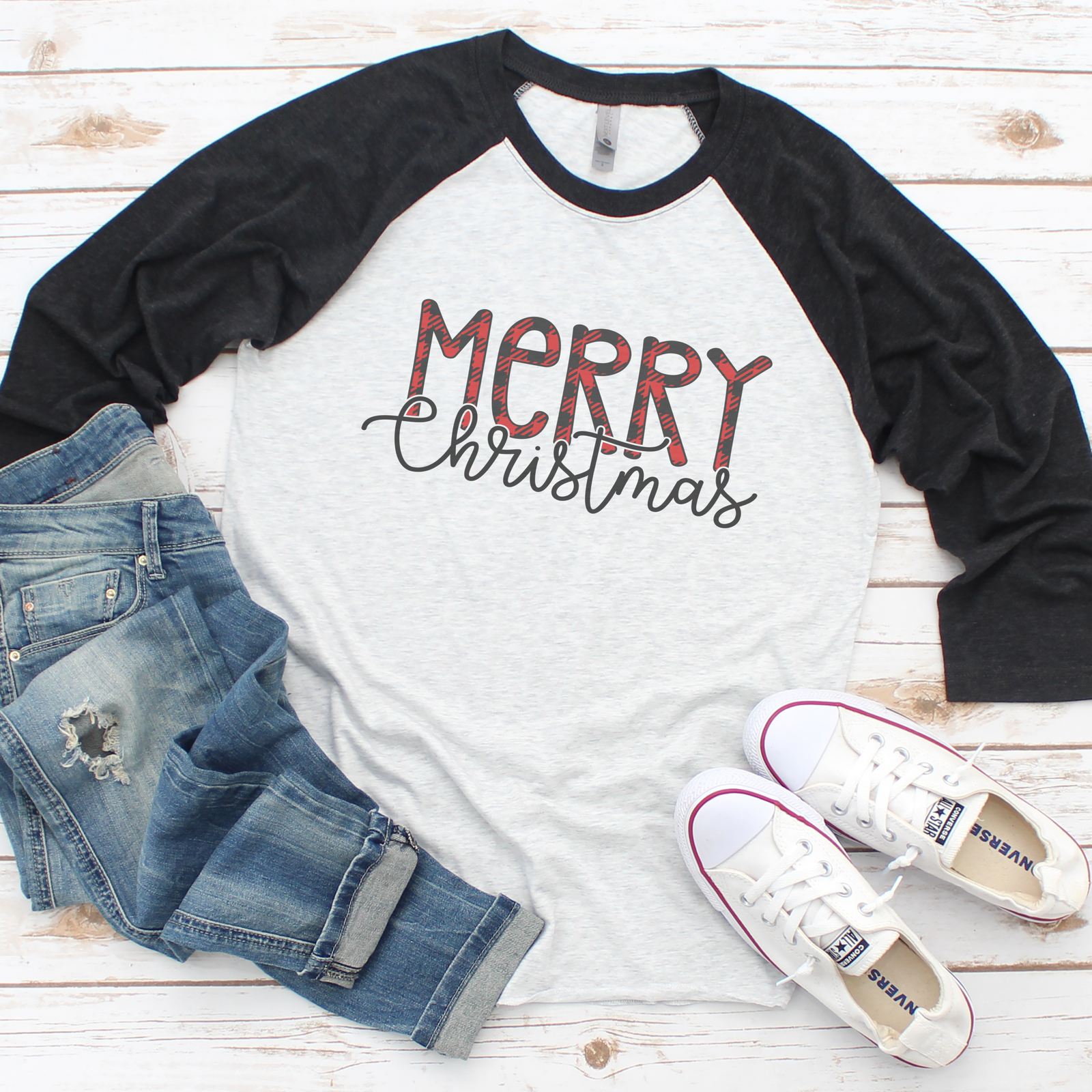 Merry Christmas Plaid Raglan Tee